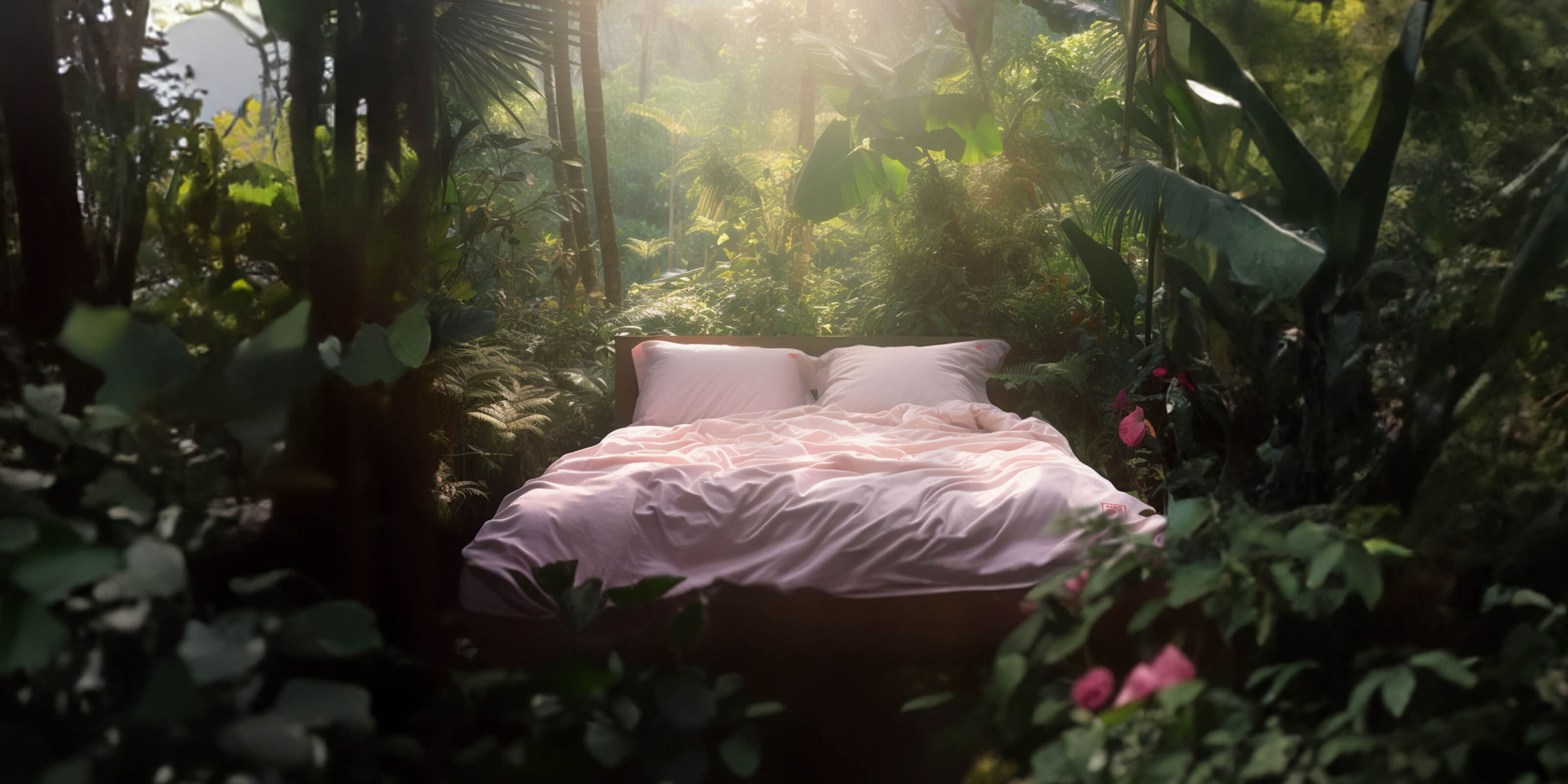 A cozy looking bed with Aizome bedding is standing in the jungle