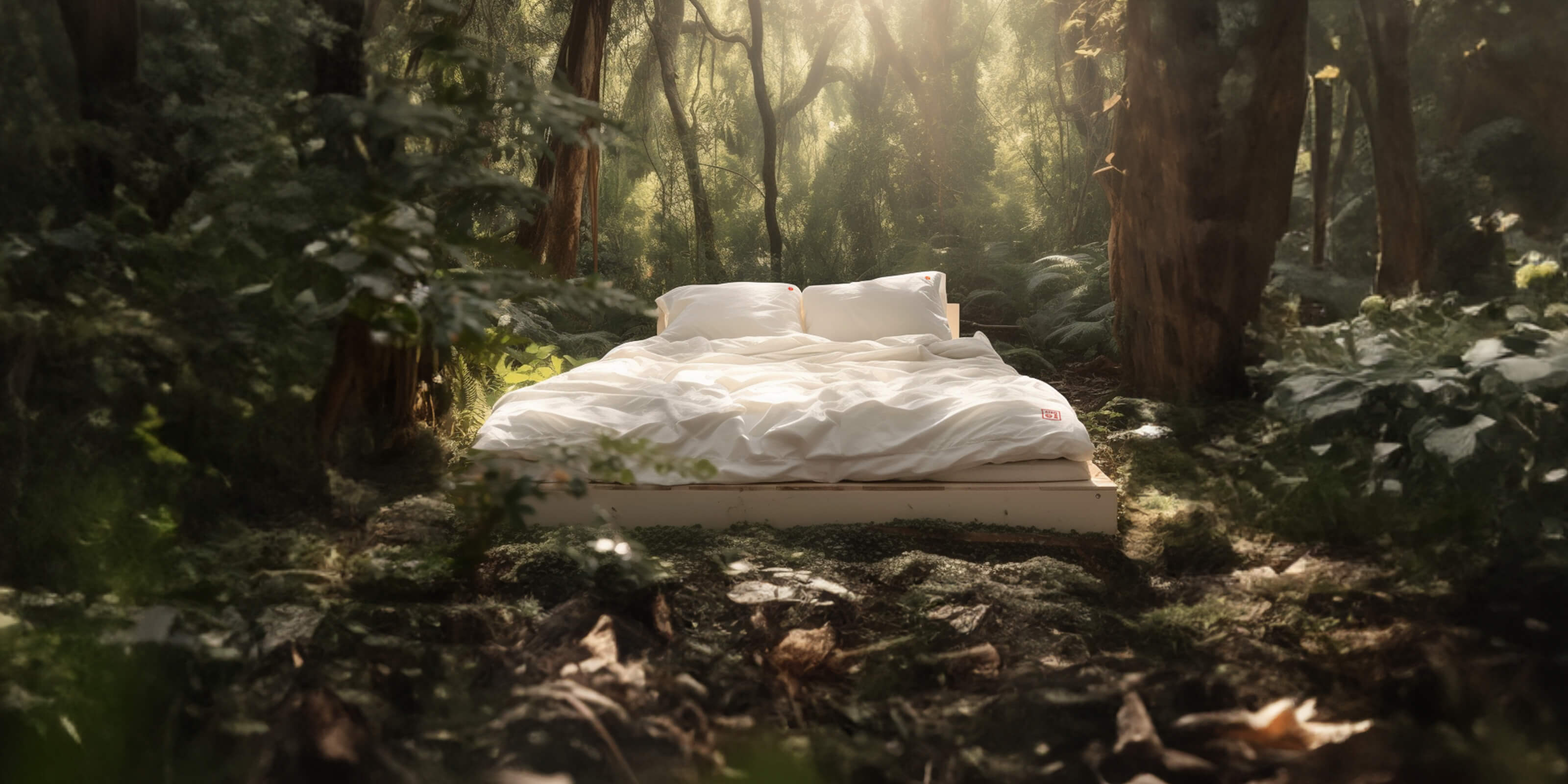 A cozy looking Bed with white Aizome bedding is standing on a Clearance in the Forest