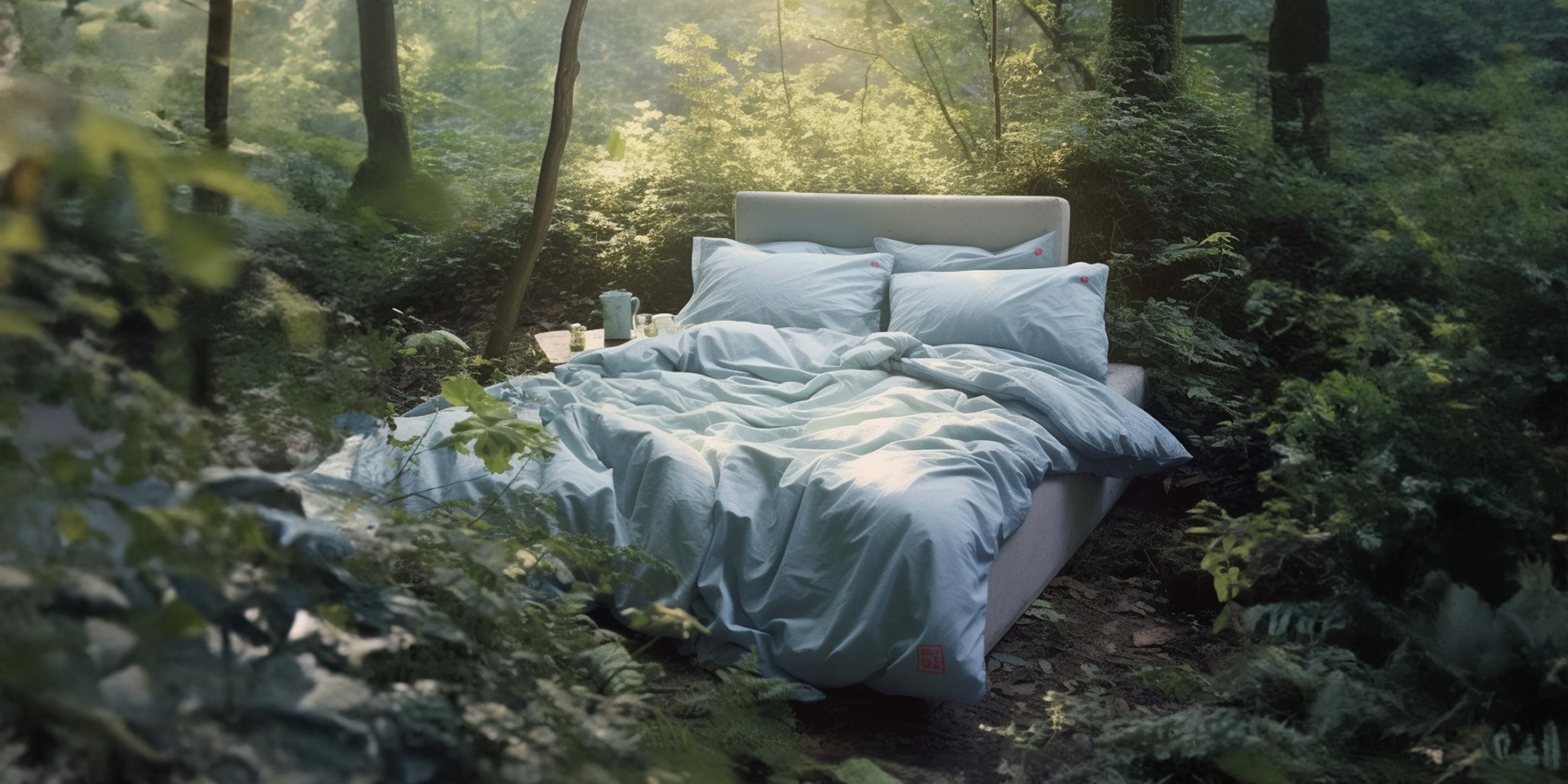A cozy looking bed with white Aizome bedsheets is standing in an beautiful Forest