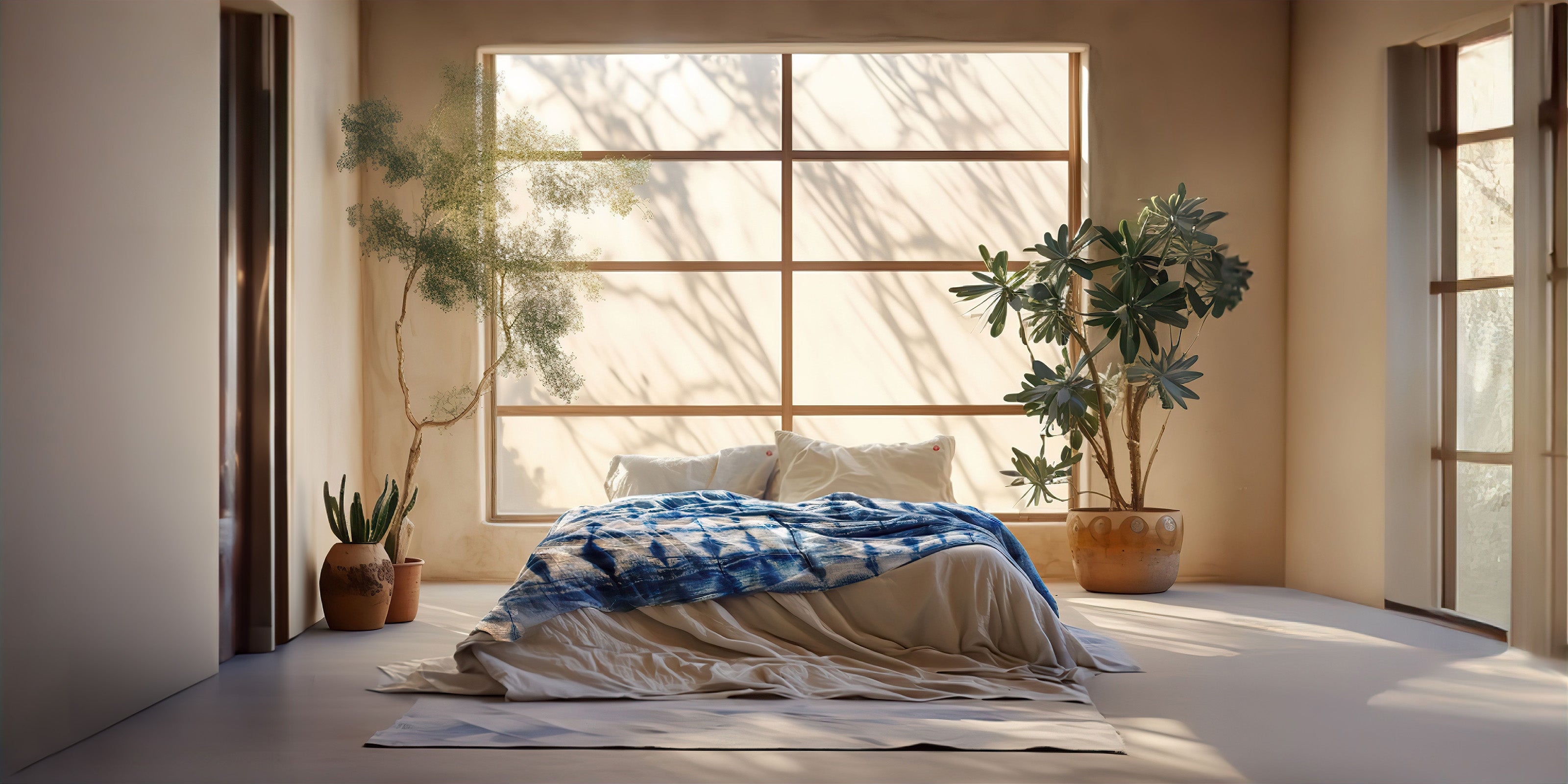 A cozy looking Bed with white Aizome Bedding is standing in a simple Room