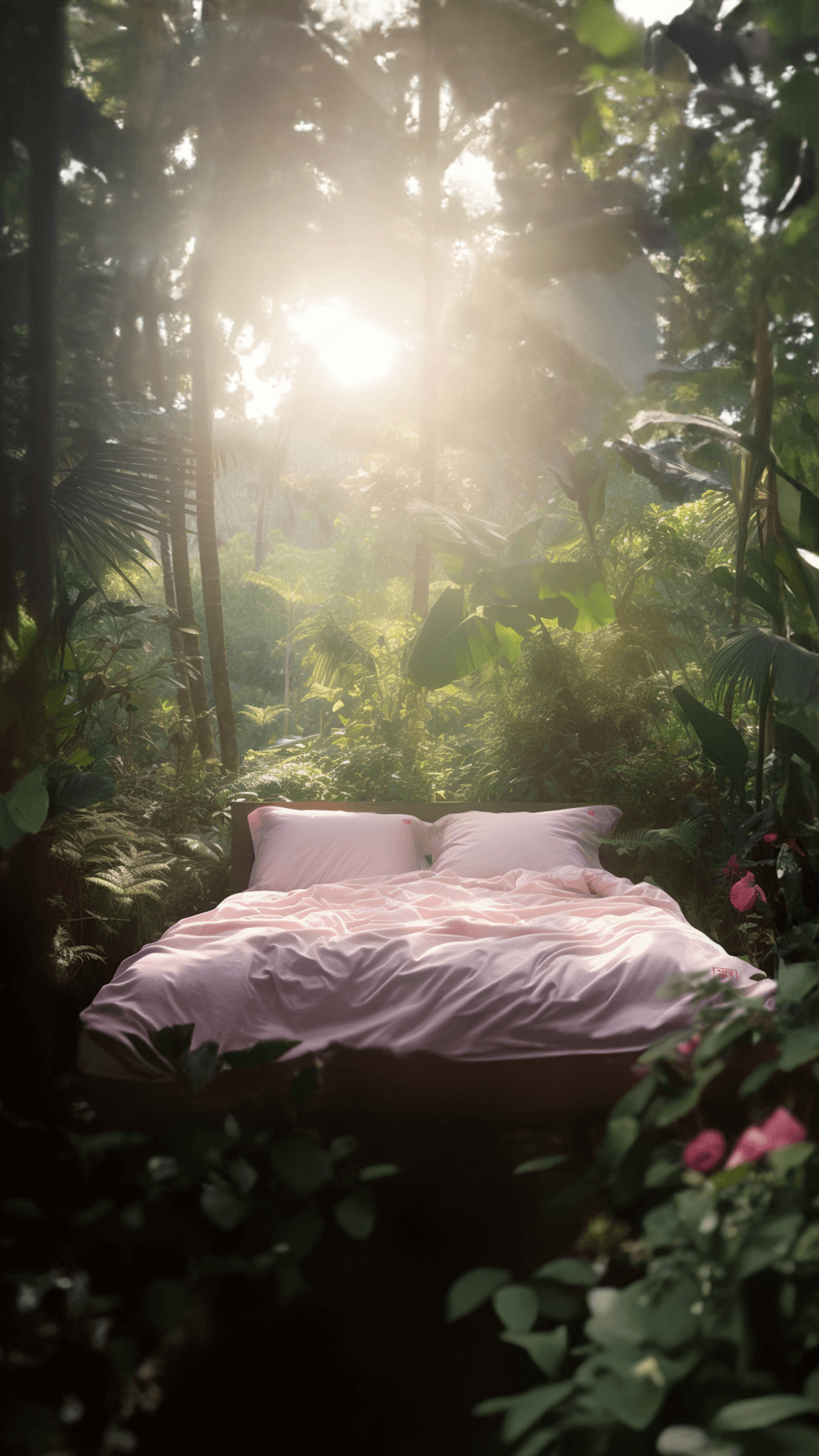 A cozy looking bed with Aizome bedding is standing in the jungle