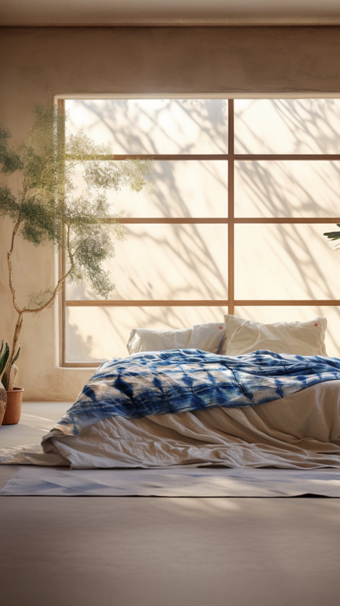 A cozy looking Bed with white Aizome Bedding is standing in a simple Room