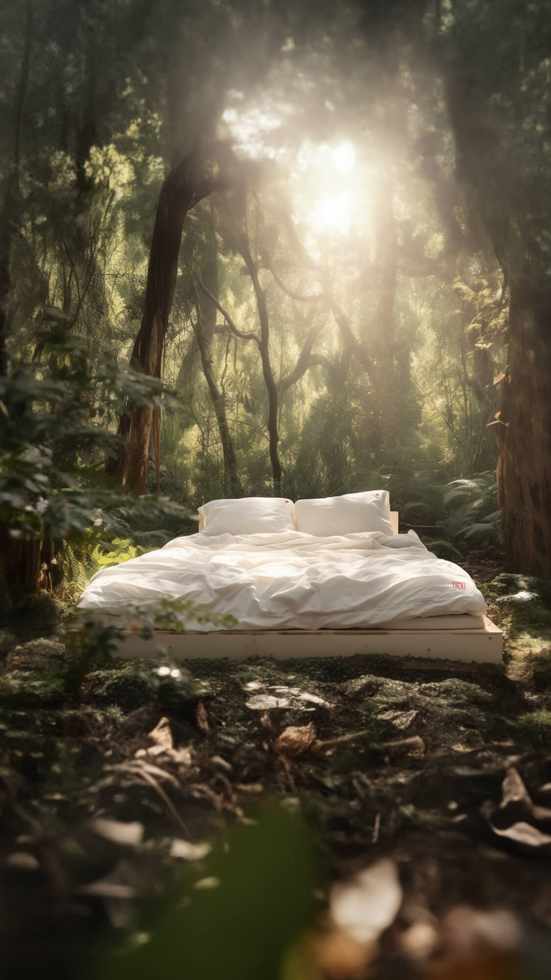 A cozy looking Bed with white Aizome bedding is standing on a Clearance in the Forest