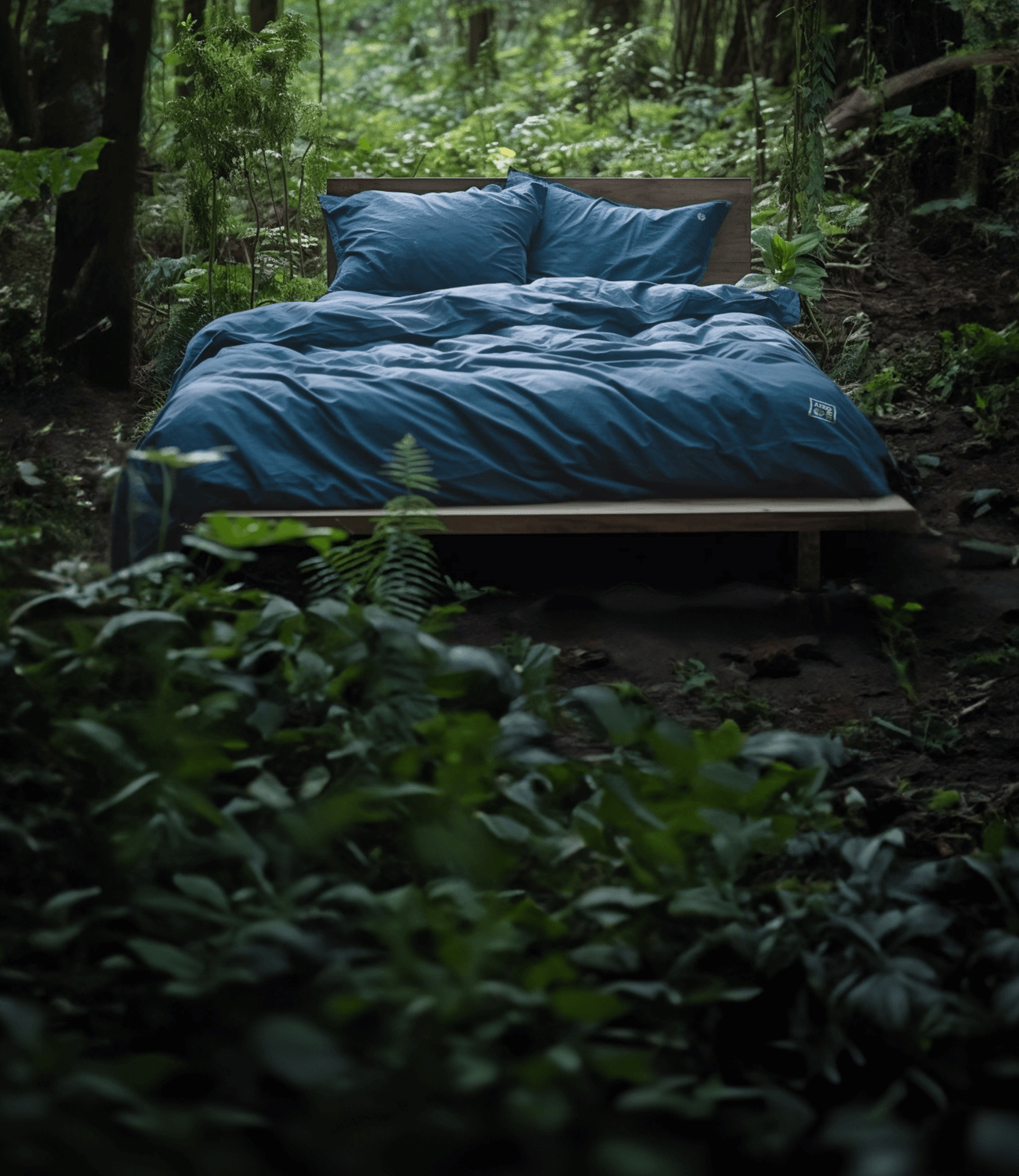 A cozy looking bed with Aizome bedding is standing in the Forest