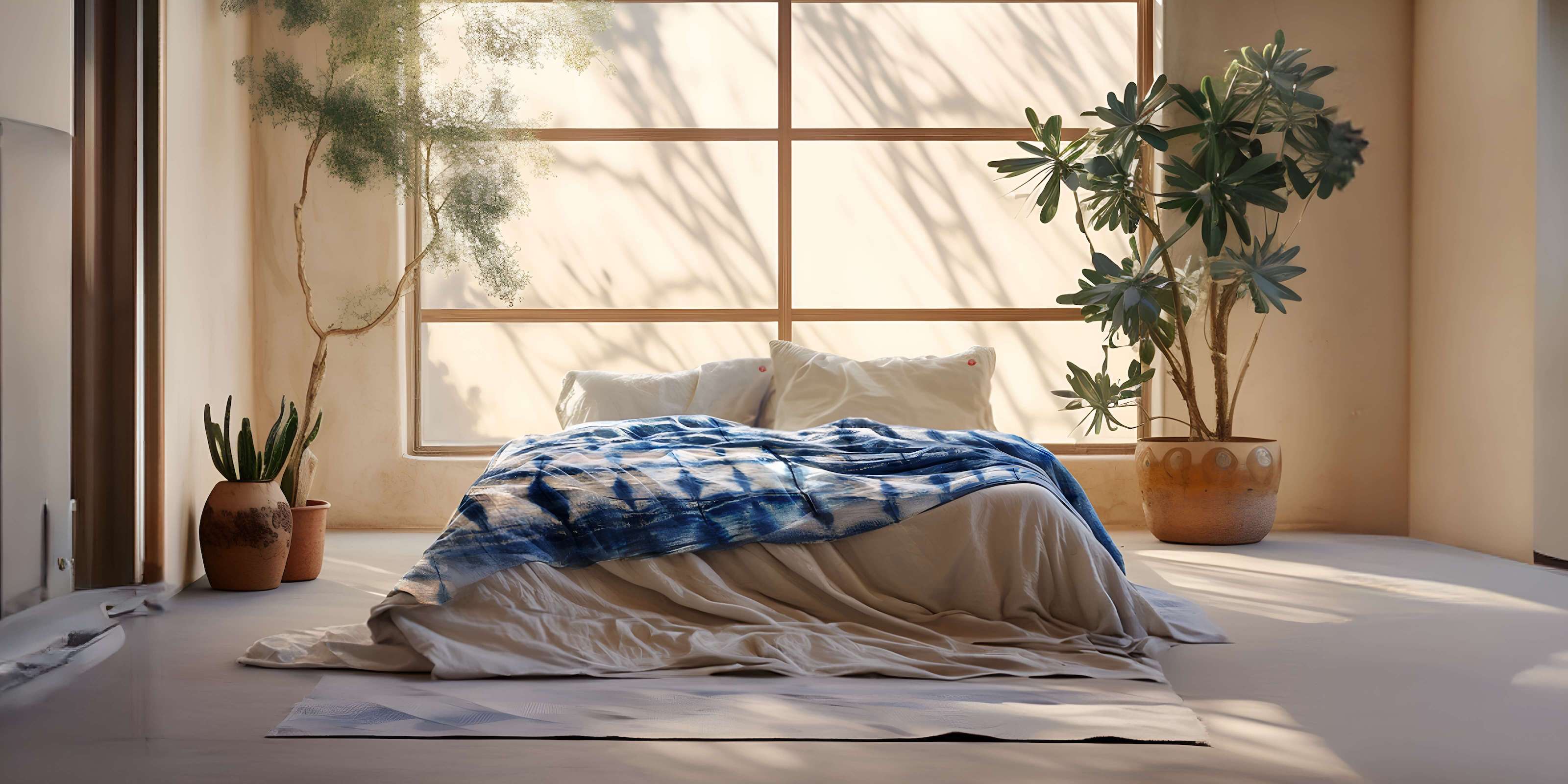 A cozy looking Bed with white Aizome Bedding is standing in a simple Room