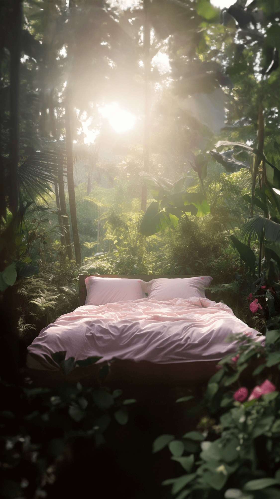 A cozy looking bed with Aizome bedding is standing in the jungle 