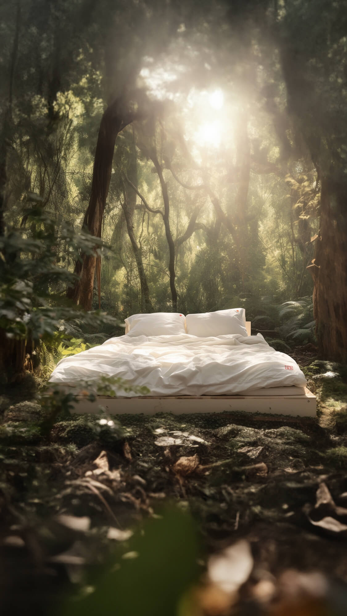 A cozy looking Bed with white Aizome bedding is standing on a Clearance in the Forest 