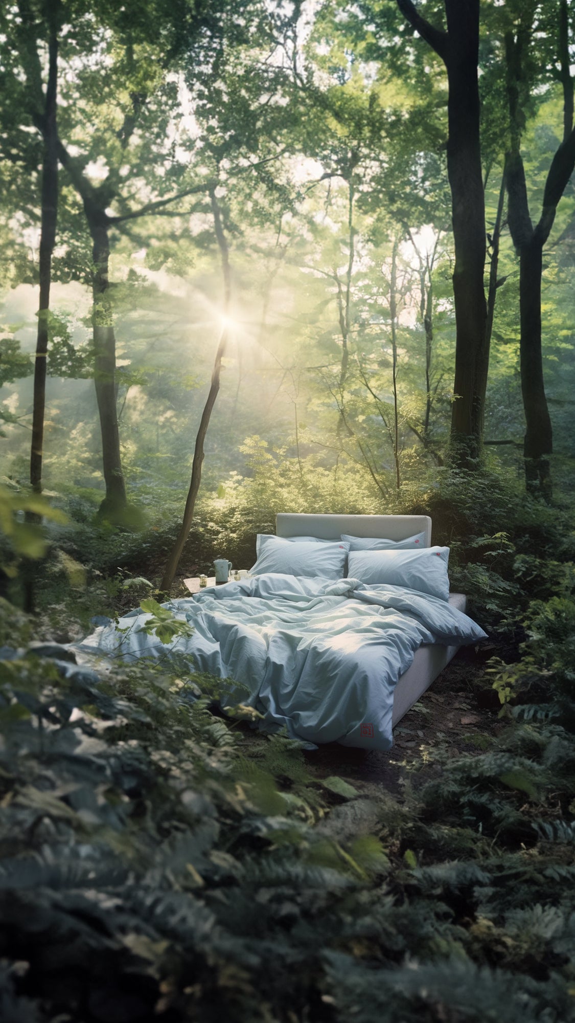 A cozy looking bed with white Aizome bedsheets is standing in an beautiful Forest