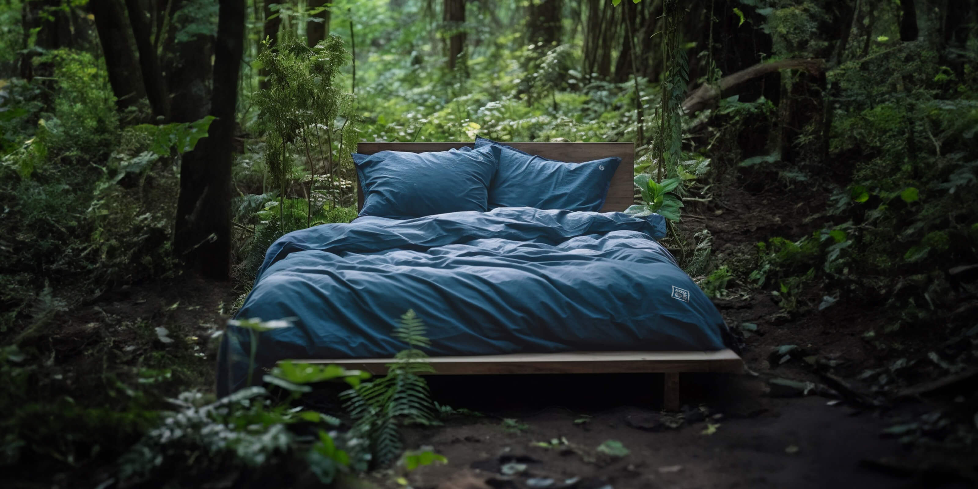 A cozy looking bed with Aizome bedding is standing in the Forest