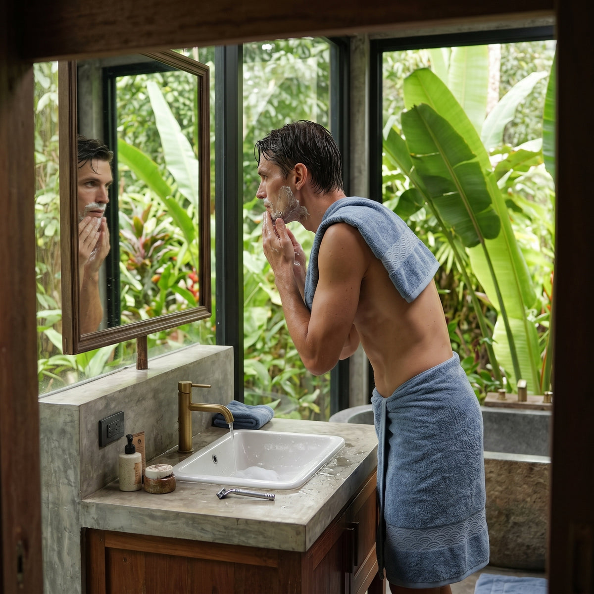 Aizome towel set in deep indigo lifestyle scene